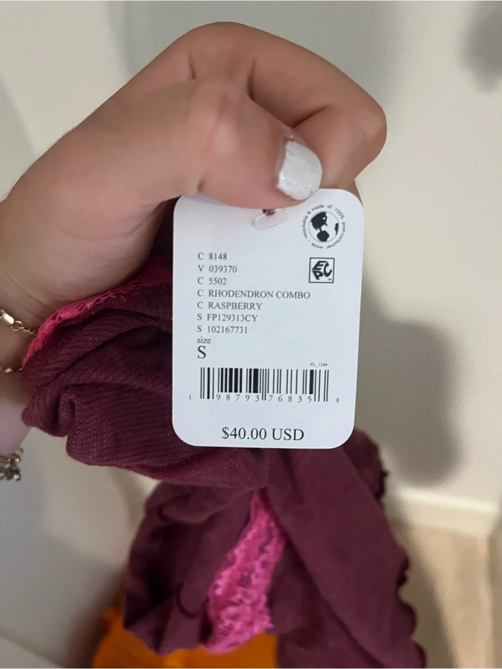 Free People Burgundy Off-Shoulder Long Sleeve Top with Pink Lace Trim